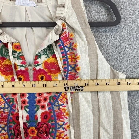 THML sleeveless tunic midi dress boho embroidered neckline tassel ties stripe M - Picture 11 of 12